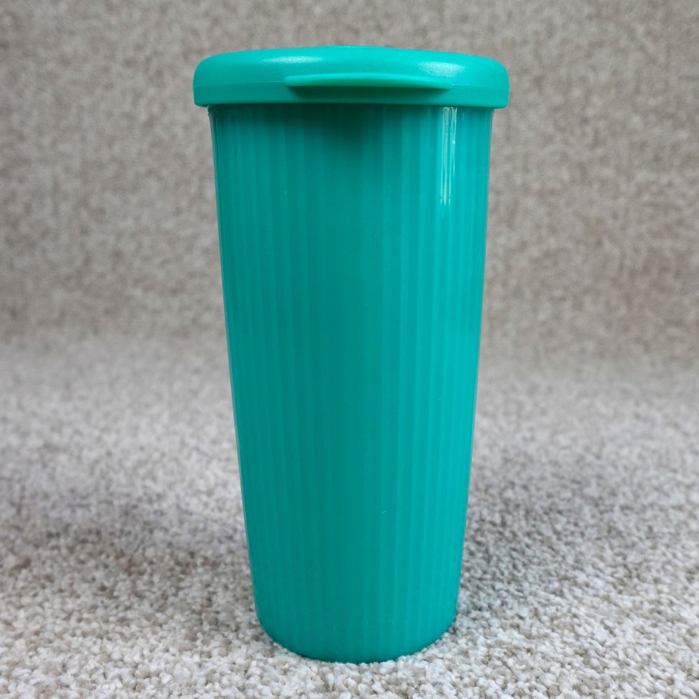 Tupperware Double Wall 24oz Tall Tumbler Teal Green Fluted Cup with Straw Lid